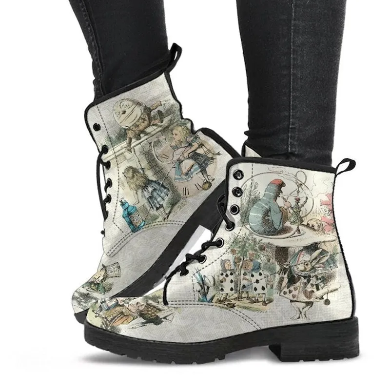 Women's beige retro cartoon print lace-up booties