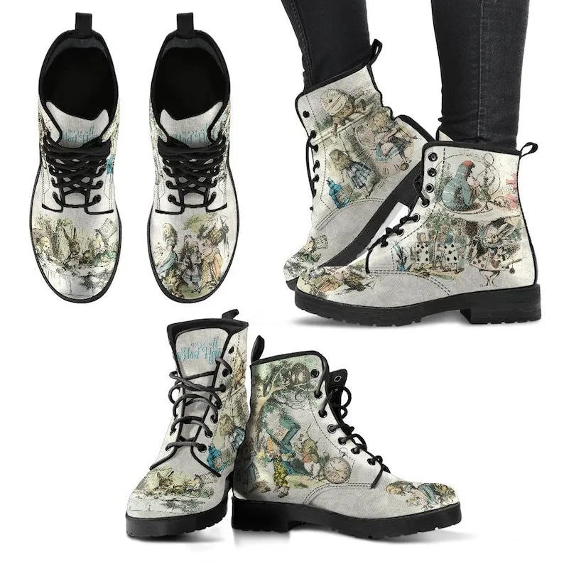 Women's beige retro cartoon print lace-up booties