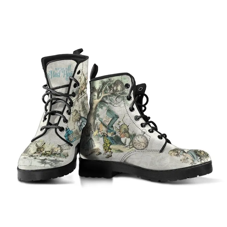 Women's beige retro cartoon print lace-up booties