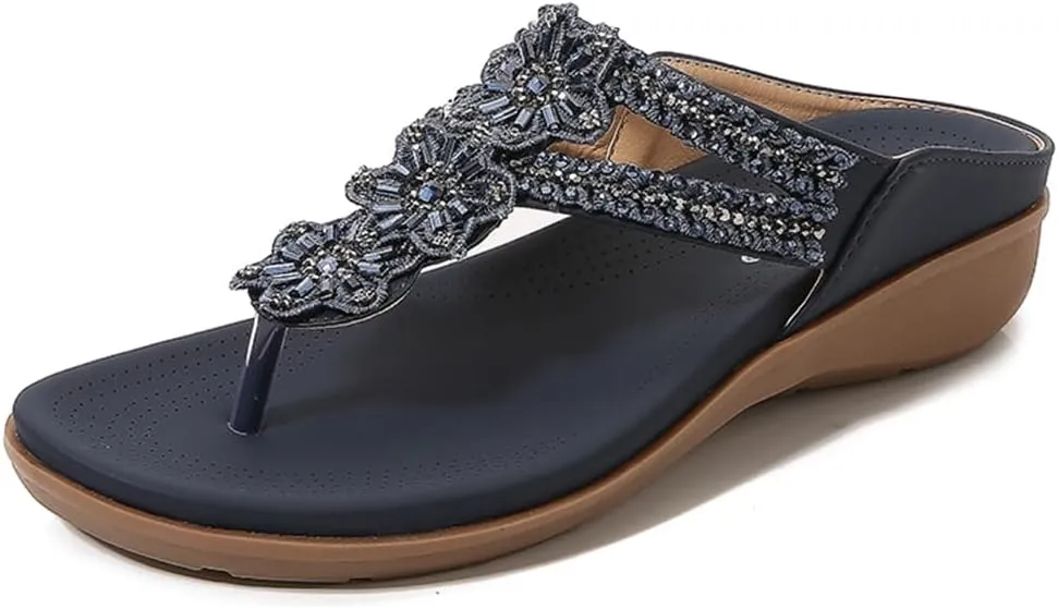 Women's Bohemian Flat Flipflops Sandals Rhinestone Embellished Comfort Summer Flip Flop Beach Sandal
