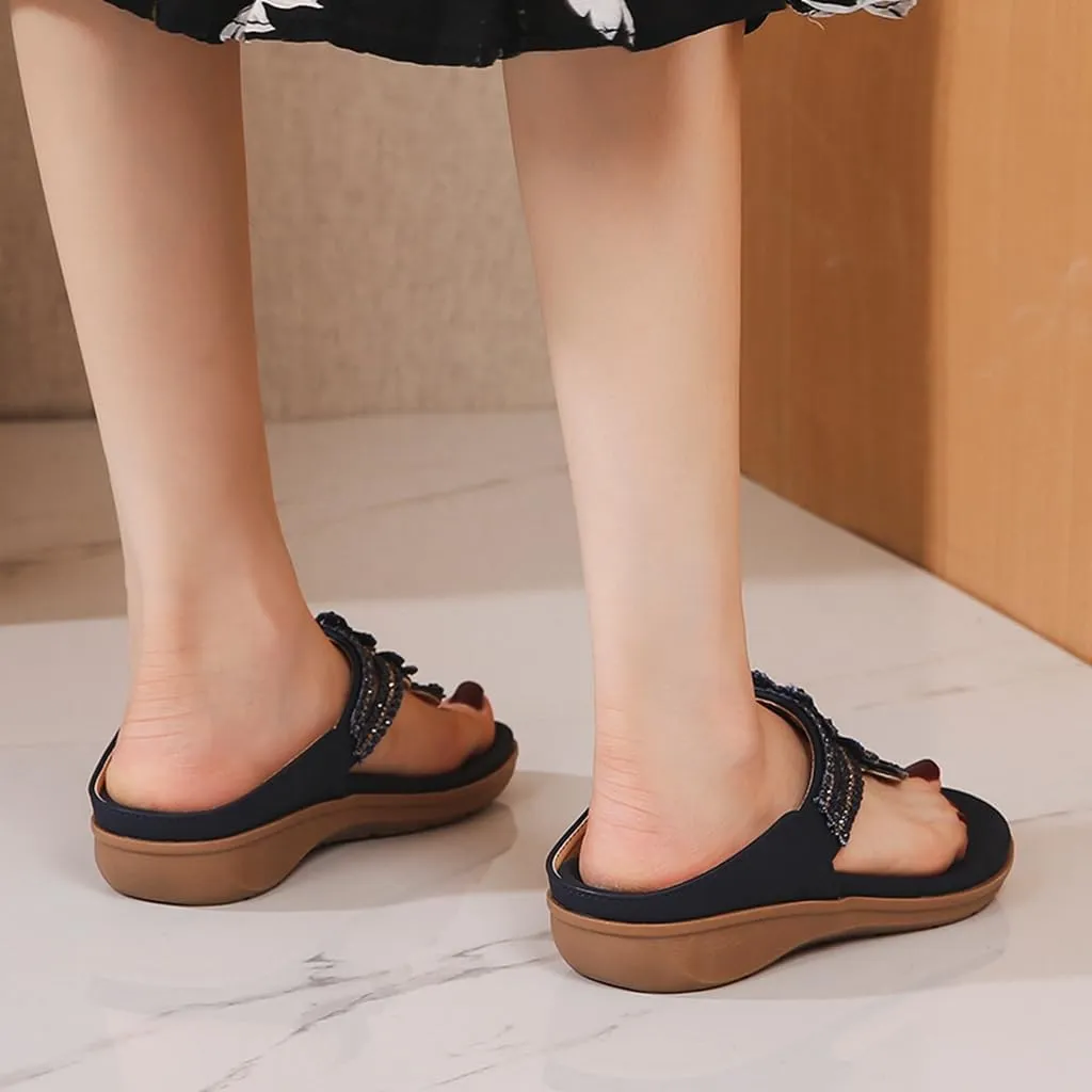 Women's Bohemian Flat Flipflops Sandals Rhinestone Embellished Comfort Summer Flip Flop Beach Sandal