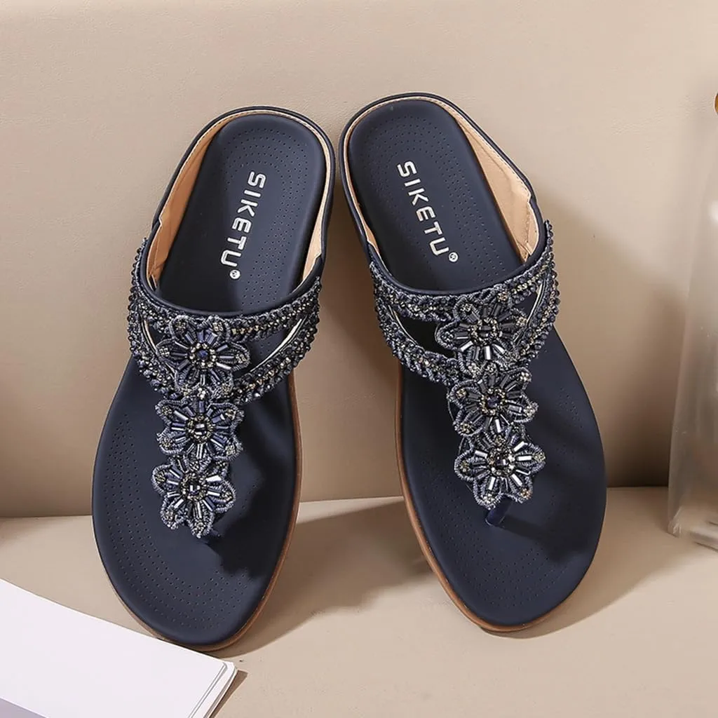 Women's Bohemian Flat Flipflops Sandals Rhinestone Embellished Comfort Summer Flip Flop Beach Sandal