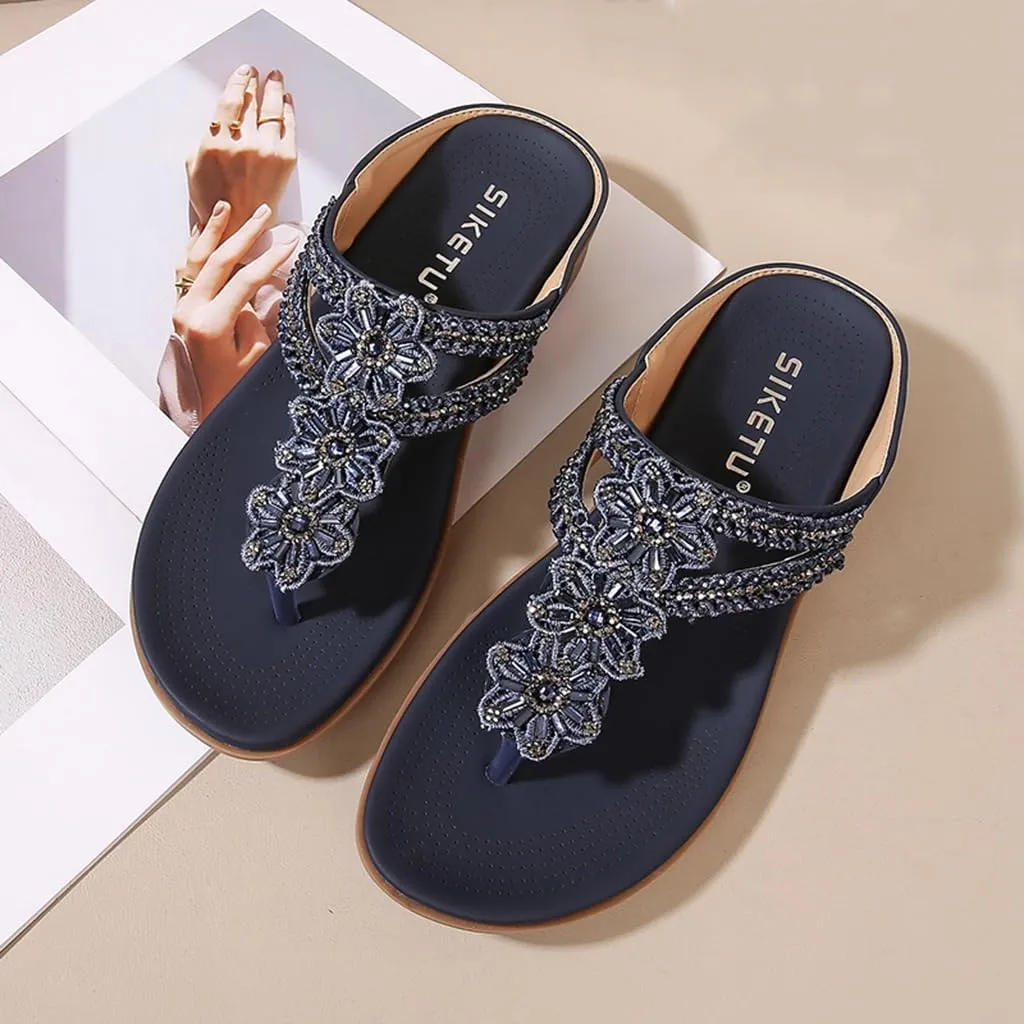 Women's Bohemian Flat Flipflops Sandals Rhinestone Embellished Comfort Summer Flip Flop Beach Sandal