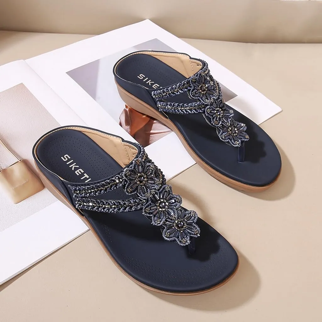 Women's Bohemian Flat Flipflops Sandals Rhinestone Embellished Comfort Summer Flip Flop Beach Sandal