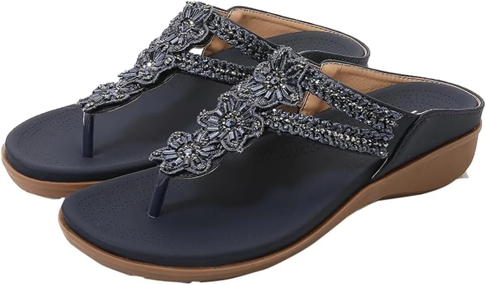 Women's Bohemian Flat Flipflops Sandals Rhinestone Embellished Comfort Summer Flip Flop Beach Sandal