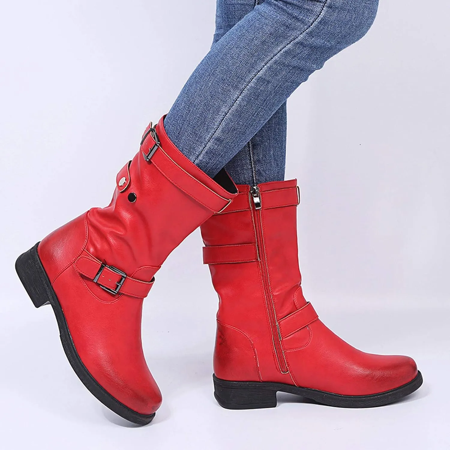Womens Boots Fashion Belt Side Zipper Square Heel Boots for Women Round Toe Durable PU Leather Mid-Calf Boots