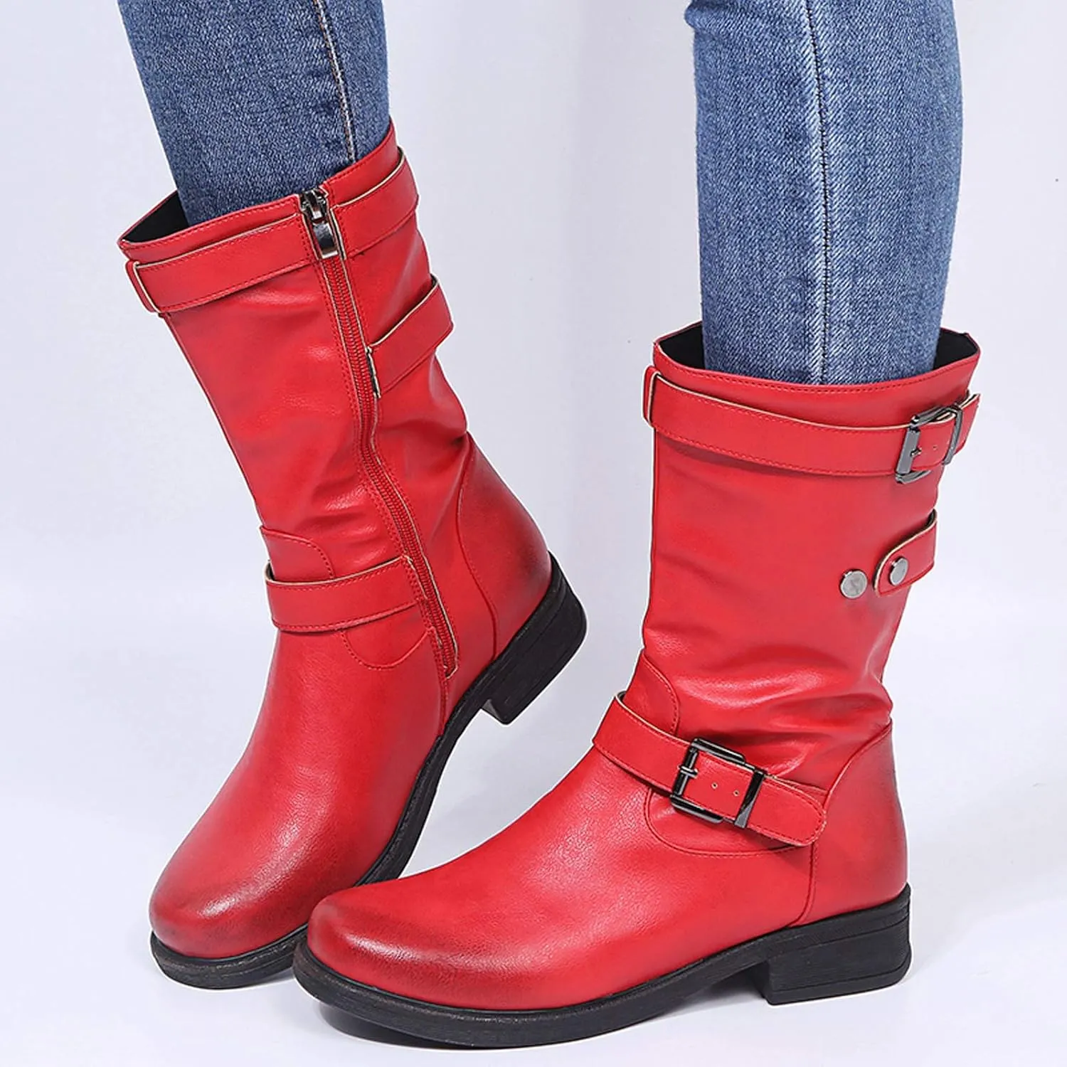 Womens Boots Fashion Belt Side Zipper Square Heel Boots for Women Round Toe Durable PU Leather Mid-Calf Boots