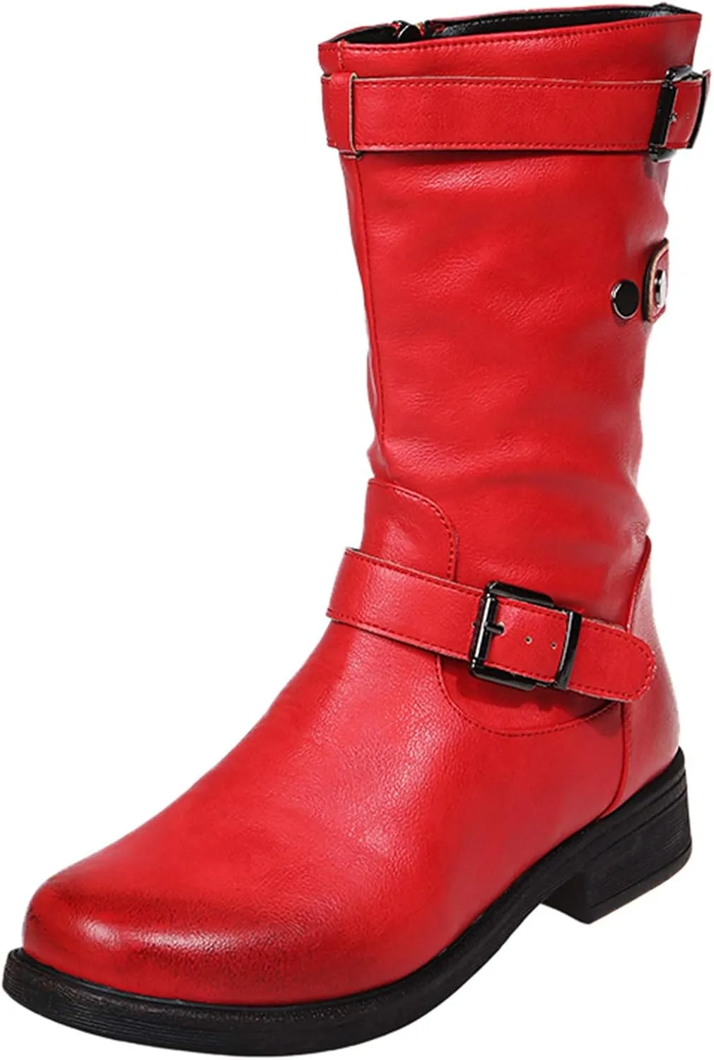 Womens Boots Fashion Belt Side Zipper Square Heel Boots for Women Round Toe Durable PU Leather Mid-Calf Boots