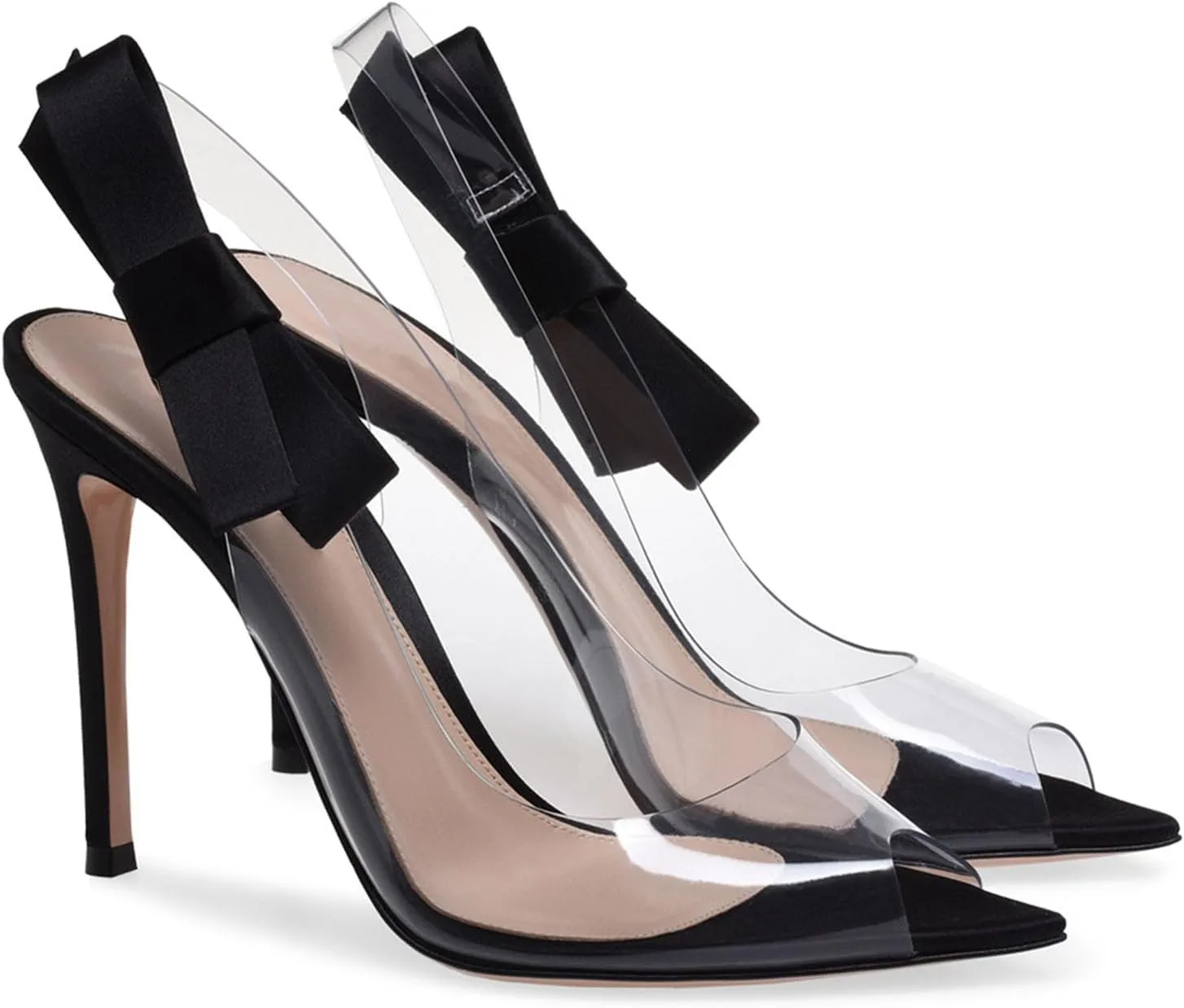Women's Clear Slingback Stiletto High Heels Pointed Peep Open Toe Ankle Strap with Ribbon Bow Transparent Sexy Prom Heels