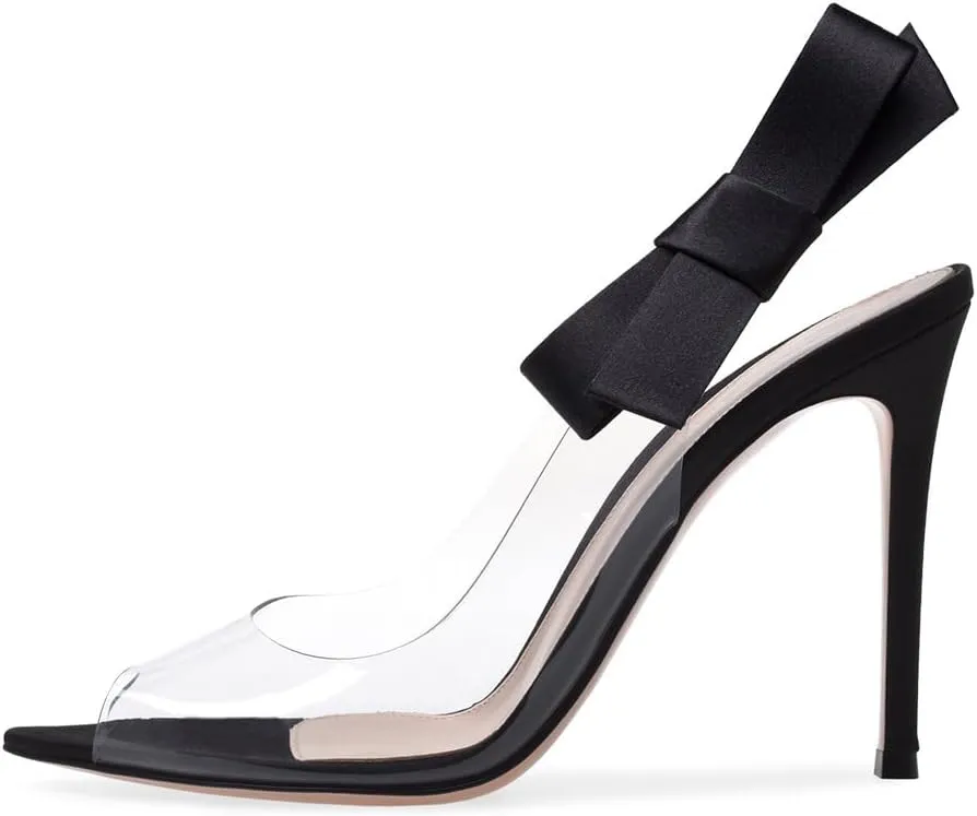 Women's Clear Slingback Stiletto High Heels Pointed Peep Open Toe Ankle Strap with Ribbon Bow Transparent Sexy Prom Heels