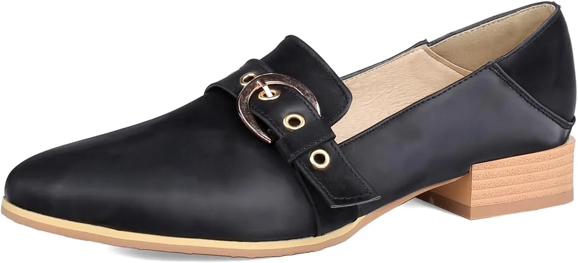 Women's Pointed Closed Toe Pump Loafers Pull-On Chunky Low Heel Metallic Buckle Classic Western Work Office Dress Casual Shoes Comfort Business Party Dating Shopping Daily Wear Pumps
