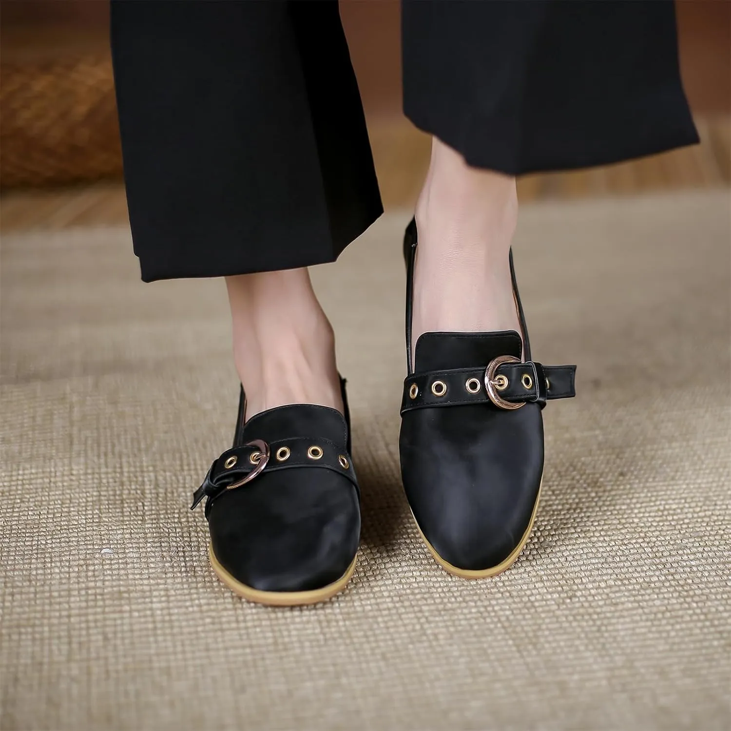 Women's Pointed Closed Toe Pump Loafers Pull-On Chunky Low Heel Metallic Buckle Classic Western Work Office Dress Casual Shoes Comfort Business Party Dating Shopping Daily Wear Pumps