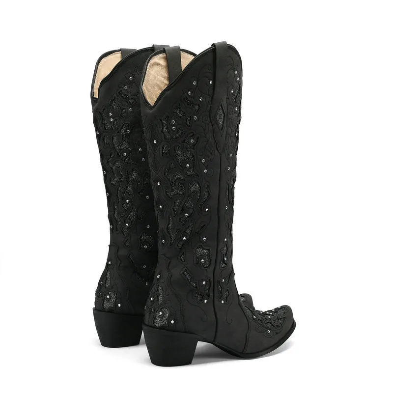 Women's rhinestone embroidery mid calf cowboy boots wedding western boots