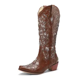 Women's rhinestone embroidery mid calf cowboy boots wedding western boots