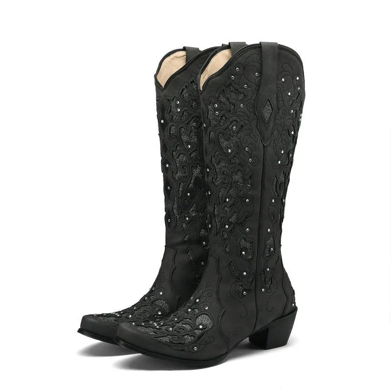 Women's rhinestone embroidery mid calf cowboy boots wedding western boots