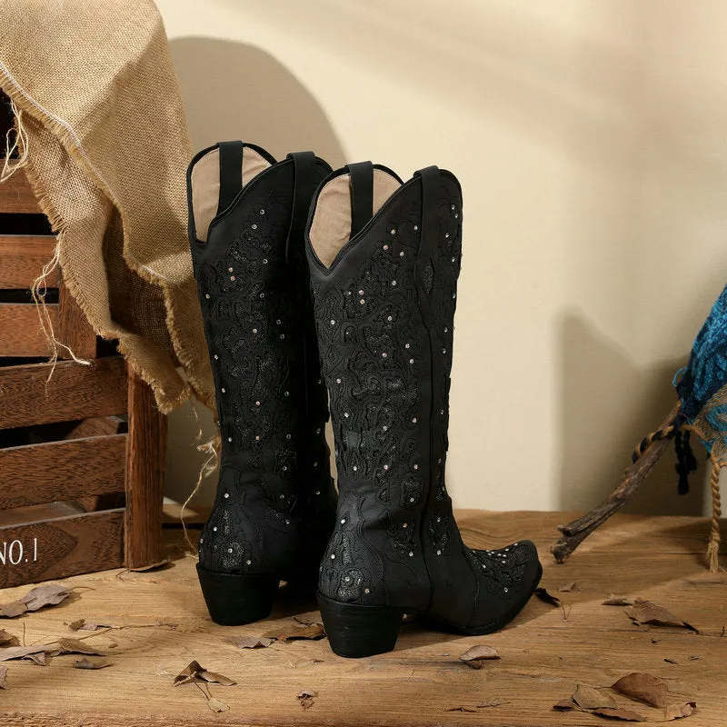 Women's rhinestone embroidery mid calf cowboy boots wedding western boots