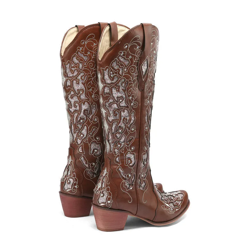 Women's rhinestone embroidery mid calf cowboy boots wedding western boots