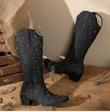 Women's rhinestone embroidery mid calf cowboy boots wedding western boots