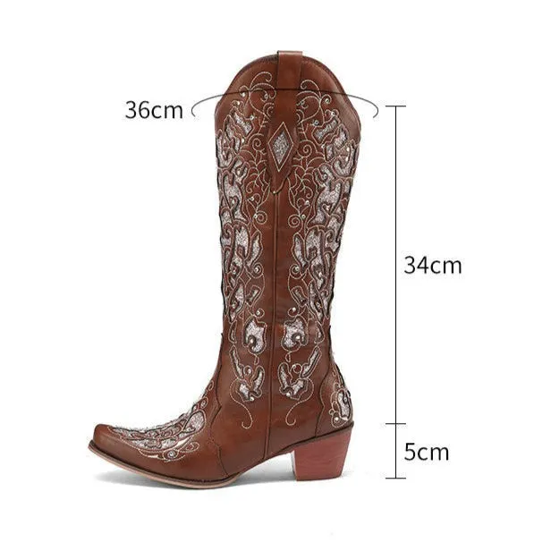 Women's rhinestone embroidery mid calf cowboy boots wedding western boots