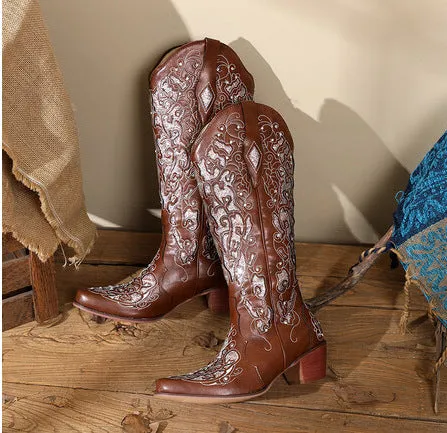 Women's rhinestone embroidery mid calf cowboy boots wedding western boots