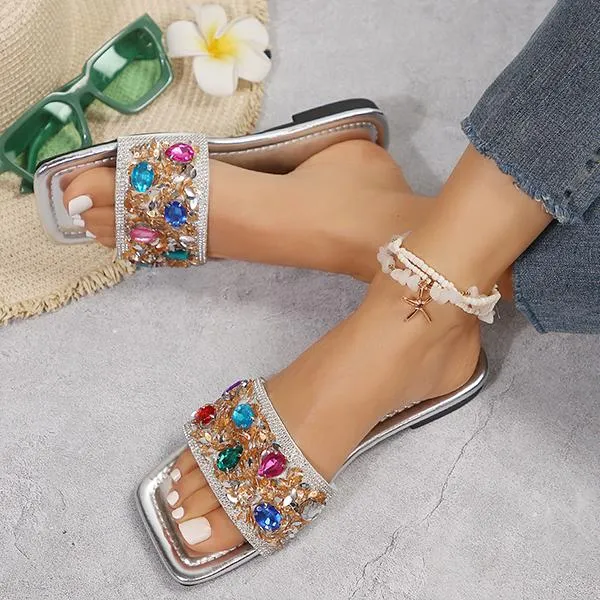 Women's Stylish Rhinestone Flat Beach Slippers 72018023S