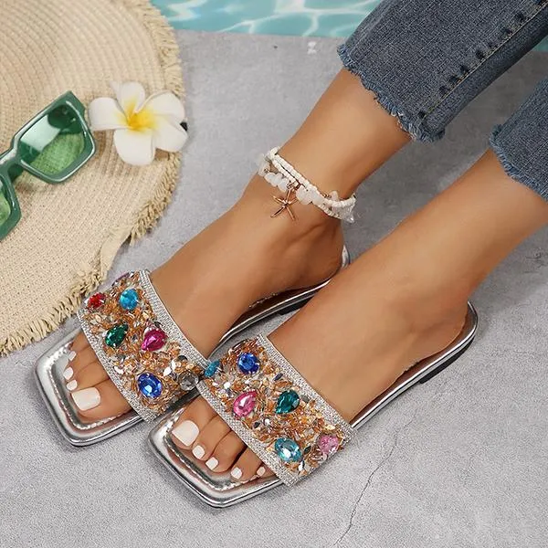Women's Stylish Rhinestone Flat Beach Slippers 72018023S