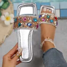 Women's Stylish Rhinestone Flat Beach Slippers 72018023S