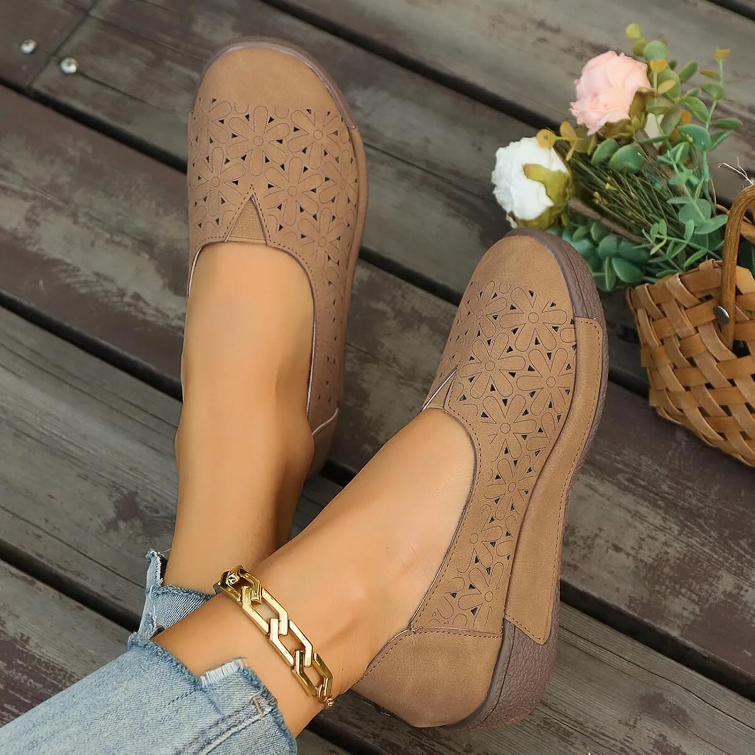 Women's Summer Sandals Large Size Hollow Out Flowers Single Shoes Comfortable One Foot Stirrups Soft Flat Shoes
