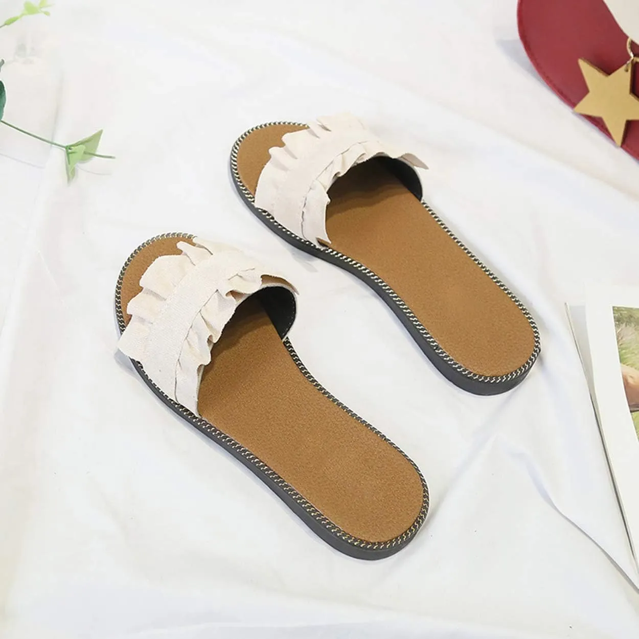 xsby Womens Soft Open Toe Slip on Flat Slide Sandals